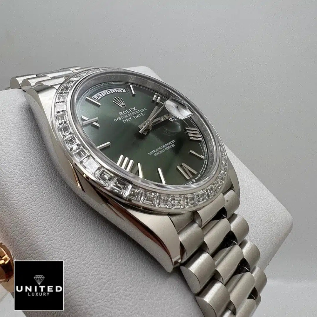Rolex Day Date Olive Diamond Replica 1 Rolex Day Date 228349RBR Replica Left Side Stainless Steel Case