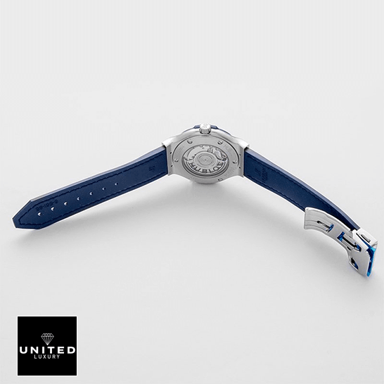 Blue Titanium Replica 3 Hublot Classic Fusion Automatic Blue Rubber Bracelet Replica opened clasp white background