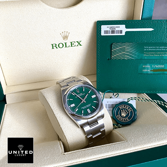 Rolex Oyster Perpetual Green Dial 126000-0005 Replica 4 Rolex Oyster Perpetual 126000 Green Dial Replica & Guarantee Card in the Rolex Box