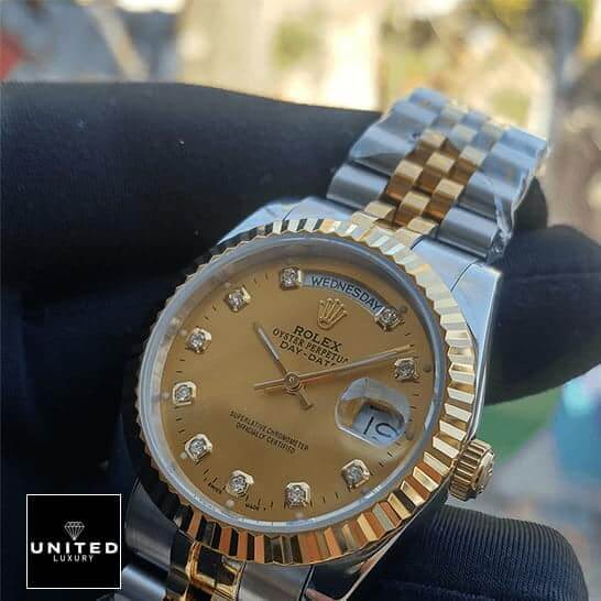 Rolex Day-Date 128238 Yellow Gold With Diamond Dial Replica 2 Rolex Day-Date 128238 MOP Gold Bezel Replica on the hand