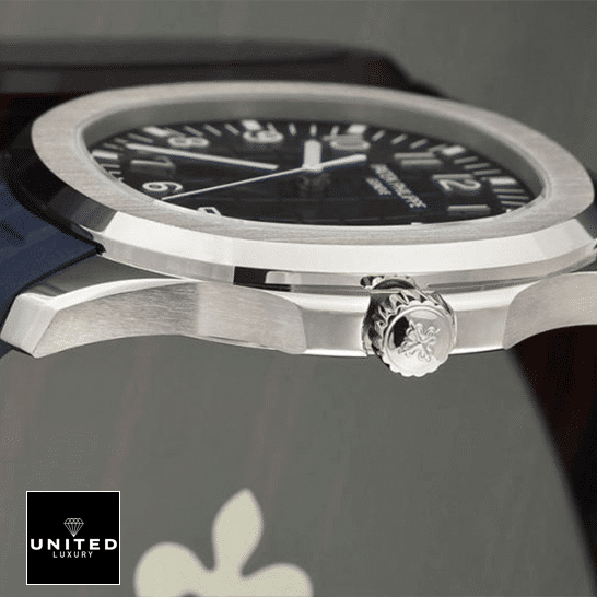 Patek Philippe White Gold Replica 1 Patek Philippe Aquanaut Blue Dial 5168G-001 Replica side view crown