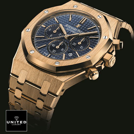 AP Yellow Gold Replica 2 Audemars Piguet Royal Oak Blue Dial Gold Case Replica black background