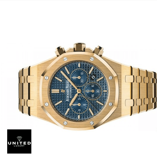 AP Yellow Gold Replica 3 Audemars Piguet Blue Dial Yellow Gold Replica side view white background