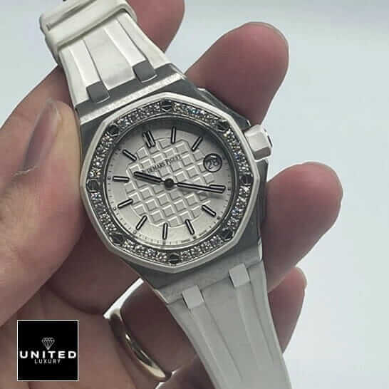 AP Royal Silver Ladies Replica 2 AP Royal Oak White Rubber Bracelet & Dial Replica on the hand