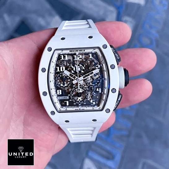 Richard Mille Limited Replica 4 Richard Mille RM011FM White Bezel and Bracelet Replica front view on the hand