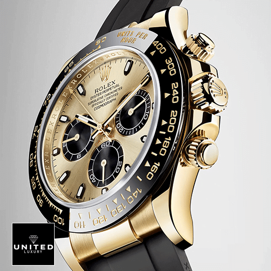 Rolex Daytona Cosmograph 116518LN Gold Dial Replica 1 Rolex Daytona 116518LN Yellow Gold Button & Crown Pusher Black Bezel Replica
