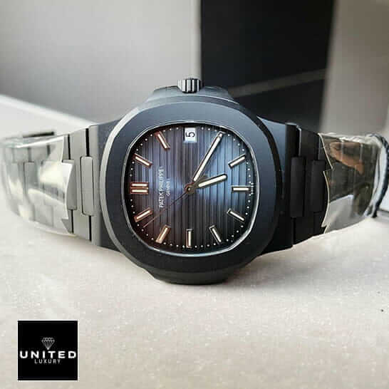 Patek Philippe Black 5711 Replica 1 Patek Philippe Nautilus Black Case Blue Dial Replica side view