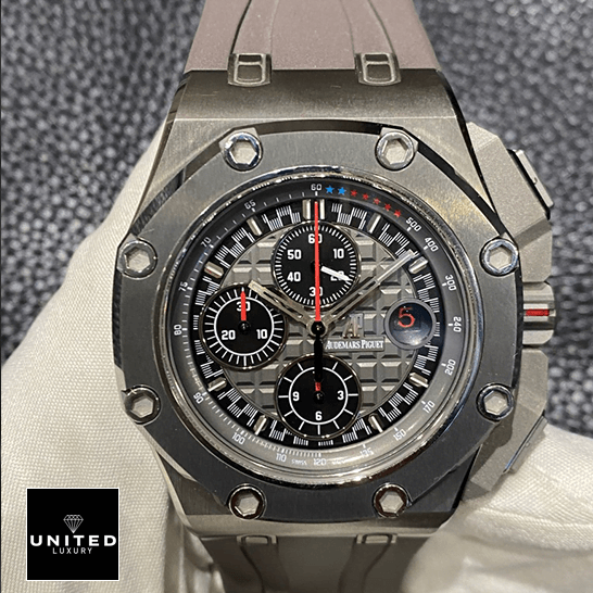 AP Schumacher Titanium Replica 1 Audemars Piguet Grey Dial Carbon Bezel Replica front view on the hand
