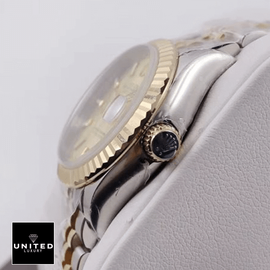 Rolex 279173 Champagne Replica 4 Rolex Datejust Steel Yellow Gold 279173 Replica side pose on the box