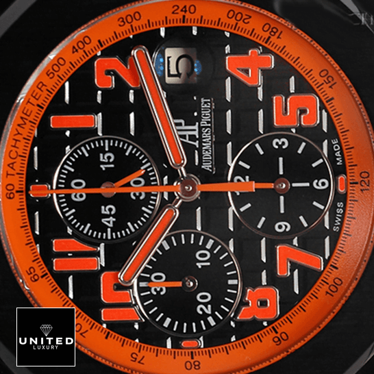 AP Volcano Replica 1 Audemars Piguet Royal Oak Orange Black Dial Replica analog close view