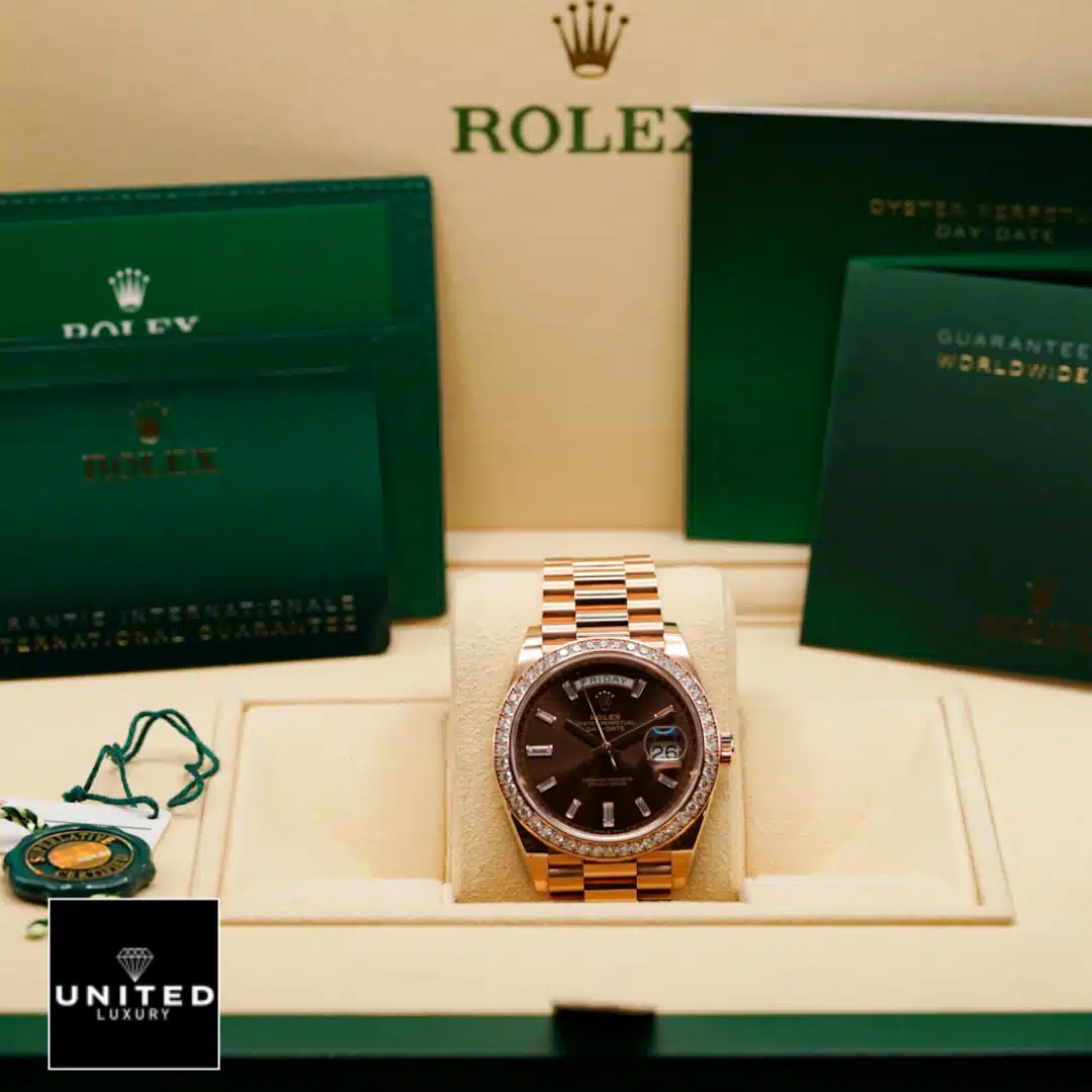 Rolex Day-Date 228345RBR Chocolate Dial Diamond Bezel Replica 2 Rolex Day-Date 40 228345RBR Replica ?n the Rolex Box & Guarantee Card
