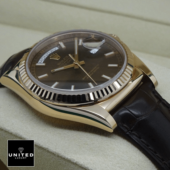 Rolex Day-Date 118135 V5 Brown Dial Replica 1 Rolex Day-Date 118139-0004 V5 Stainless Steel Case Black Leather Brecelet Replica