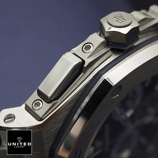 Royale Oak Blue Replica 4 Audemars Piguet Stainless Steel Replica crown / push button grey background