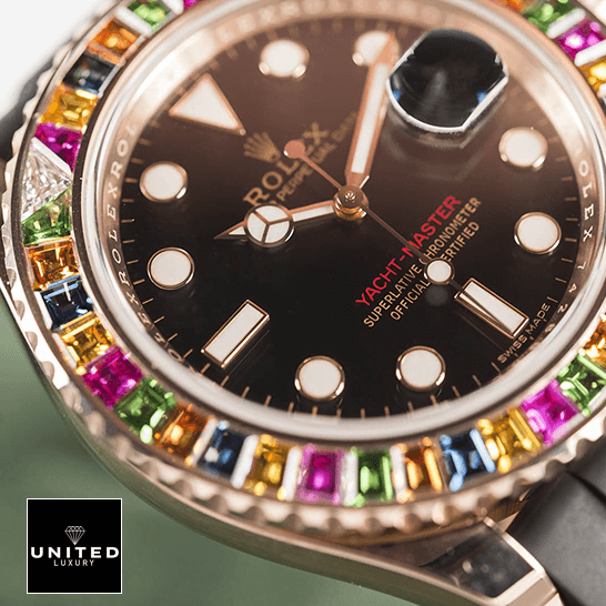 Rolex Perpetual Yacht-Master Gem-Set Bezel 116695 SATS Replica 6 Rolex Ycht Master Gem Set 116695 Replica close analog view