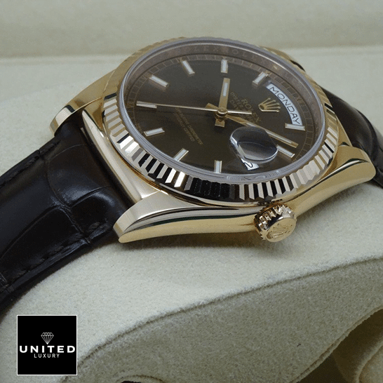 Rolex Day-Date 118135 V5 Brown Dial Replica 10 Rolex Day-Date 118139 Gold Case Right Side Crown Pusher Replica