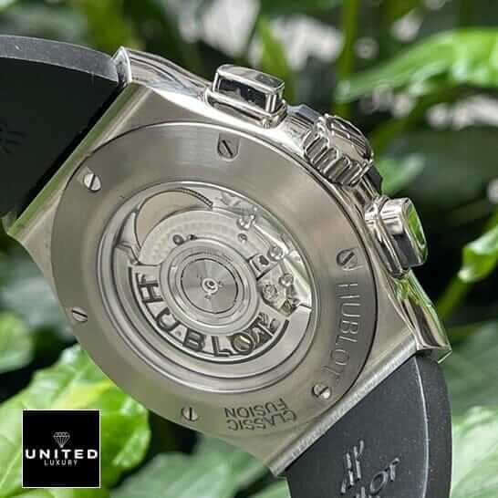 Hublot Racing Grey Replica 3 Hublot Class?c Fus?on Stainless Steel Case Replica upside view black rubber bracelet