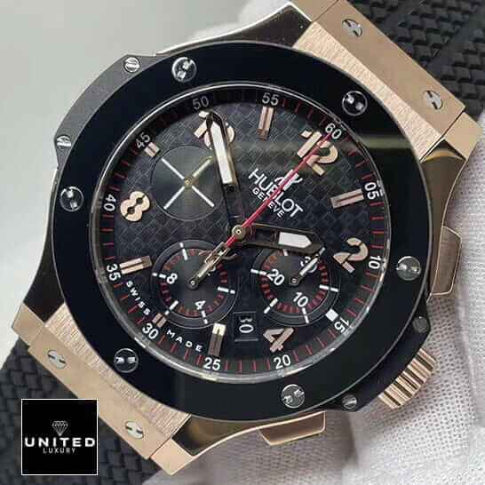 Hublot Big Bang Steel Rose 301.PB.131.RX Replica 1 Hublot Big Bang Black Dial Gold Case Replica red second hand white background