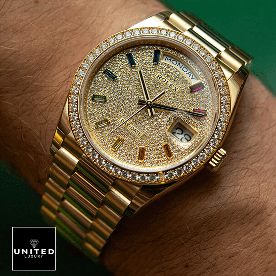 Rolex Day-Date Yellow Gold With Pave Diamond Dial Sapphire 128348RBR-0030 Replica 2