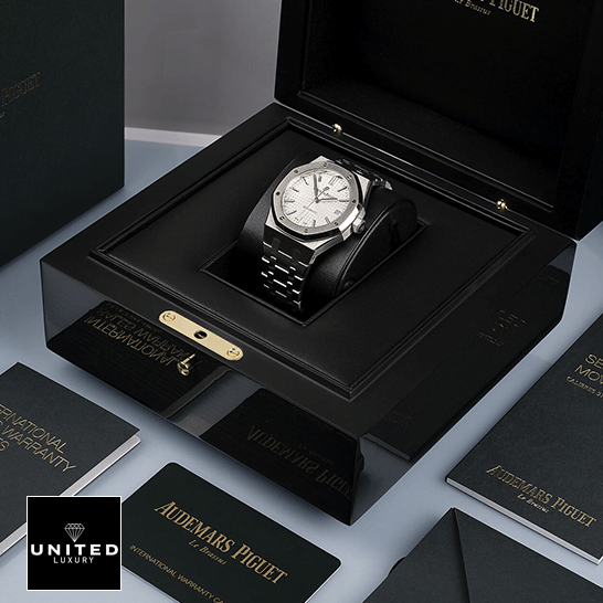 Audemars Piguet Royal Oak 15403IP.OO.1220IP.01 Replica 6 Audemars Piguet Royal Oak White Dial Replica in the box next to warranty card