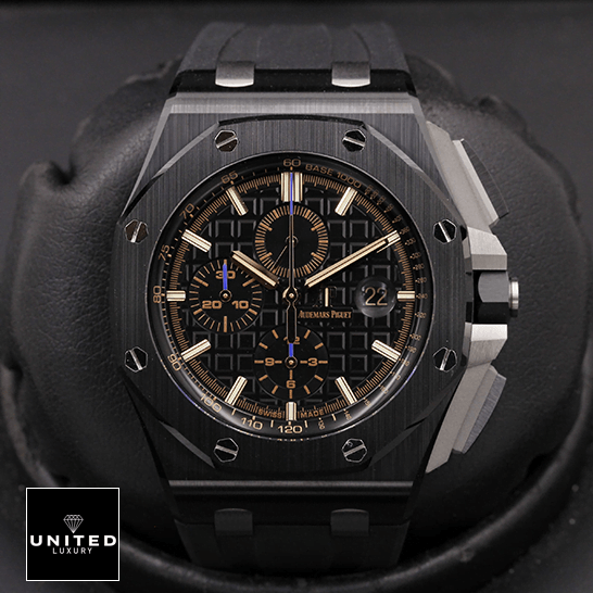 Audemars Piguet Royal Oak 26405CE.OO.A002CA.02 Replica 5 AP Royal Oak 26405CE.OO_.A002CA.02 Black Dial Replica front view black background