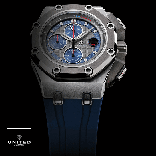 AP Schumacher Replica 4 Audemars Piguet Royal Oak Blue Rubber Bracelet Replica front view black background