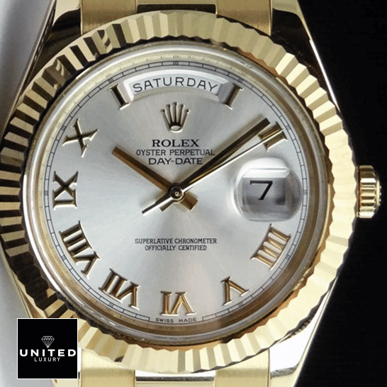 Rolex Day-Date II Collection Gold Silver White Dial 218238 Replica 1 Rolex Day-Date II White Dial Roman 218238 Replica black background