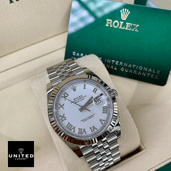 Rolex 126334 Replica 2 Rolex Datejust Roman 126334 White Dial Replica in the rolex box and warranty card next to