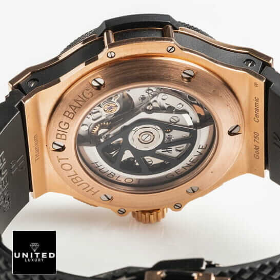 Hublot Big Bang Steel Rose 301.PB.131.RX Replica 3 Hublot Big Bang Gold Case Ceramic Black Rubber Bracelet Replica white background