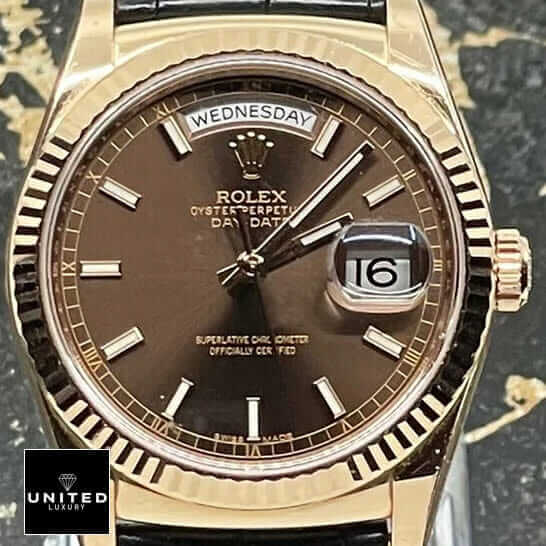 Rolex Day-Date Black Leather Replica 1 Rolex Day Date 118139 Rose Gold Case Brown Dial