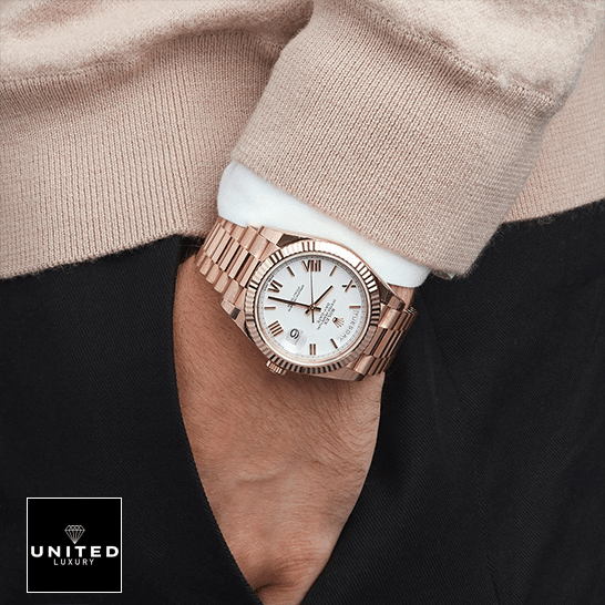 Rolex Day-Date 228235 KW Rose Gold White Dial Replica 6 Rolex Day-Date 228235 Rose Gold Replica on is arm