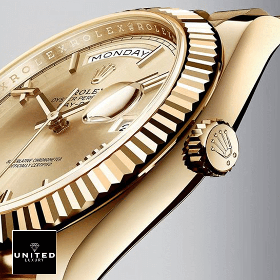 Rolex Day-Date II 228238-0007 KW Yellow Gold Champagne Dial Replica 1 Rolex Day-Date II 228238-0007 Yellow Gold Case Replica Rightside Crown Pusher