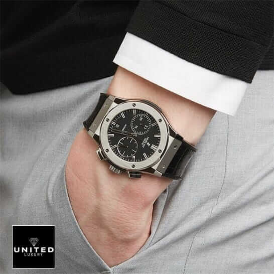 Hublot Racing Grey Replica 2 Hublot Classic Fusion Black Dial Leather Black Bracelet Replica on the man wrist
