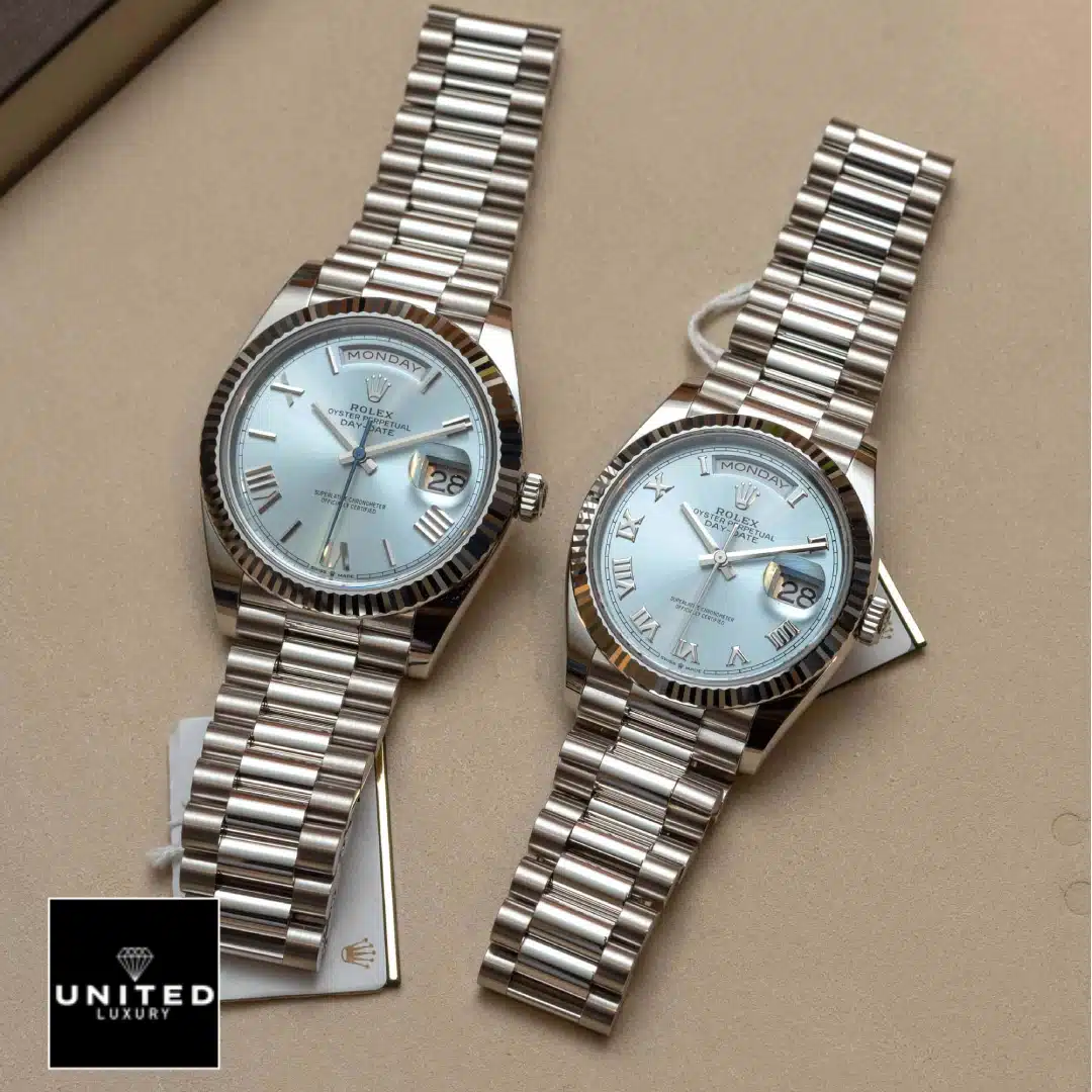 Rolex Day Date Ice Blue Grooved Replica 3 Rolex Day Date Perpetual 228236 Ice Blue Dial Replica on the table