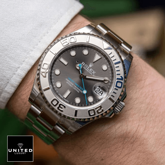 Yacht-Master Rhodium Replica 4 Rolex 268622 Steel Platinnum Grey Dial Replica white shirt at the wrist