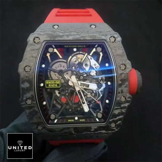 RM3502 Red Carbon Replica 1 Richard Mille RM35-02 Rafa Black Bezel Red Bracelet Replica black background
