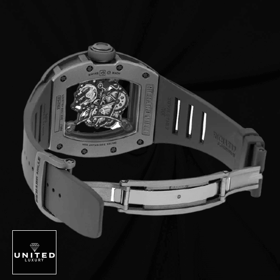 RM055 Black Replica 6 Richard Mille RM055 Black Rubber Bracelet Replica opened clasp black background