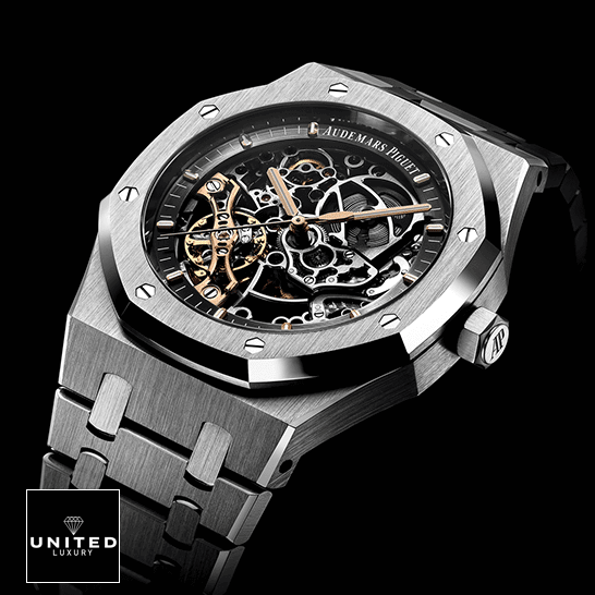 AP Openworked Replica 4 Audemars Piguet Royal Oak Steel Skeleton Dial Replica black background