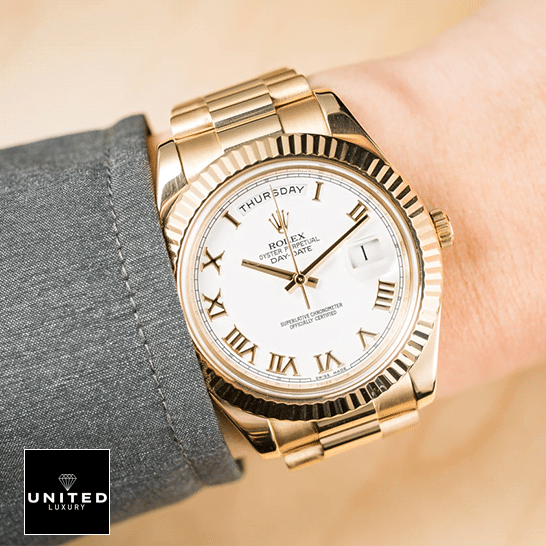 Rolex Day-Date II Collection Gold Silver White Dial 218238 Replica 2 Rolex Day-Date II Collection Gold Silver White Dial 218238 Replica on is arm