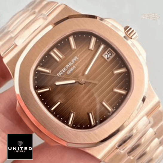 Patek Philippe Nautilus 5711/1R-001 Replica 1 Patek Philippe Nautilus 57111R-001 Rose Gold Bezel Replica on the hand