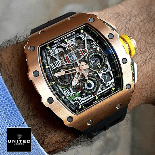 RM Rose Gold Flyback Replica 4 Richard Mille RM01103 Rose Gold Black Dial Replica on the wrist