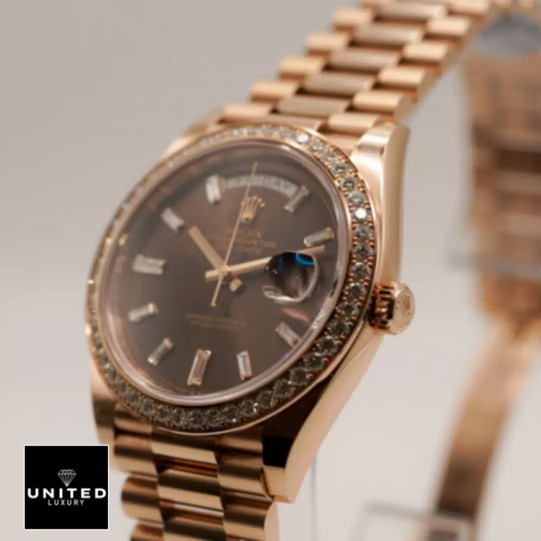 Rolex Day-Date 228345RBR Chocolate Dial Diamond Bezel Replica 5 Rolex Day-Date 40 Rose Gold Crown Pusher 228345RBR Replica