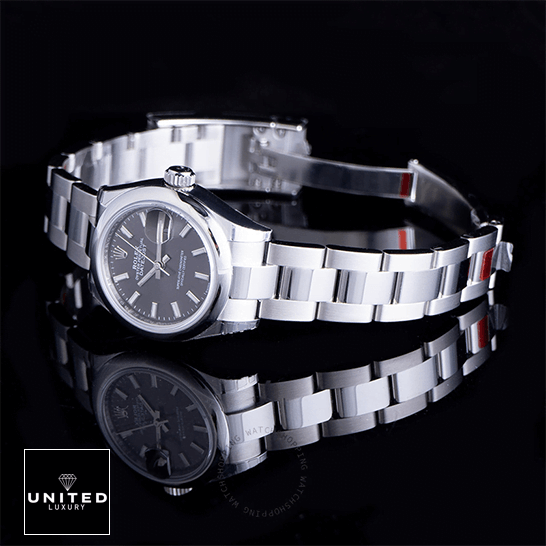 Datejust Dark Grey Replica 1 Rolex Datejust 279160 Grey Dial Oyster Replica side view & black background