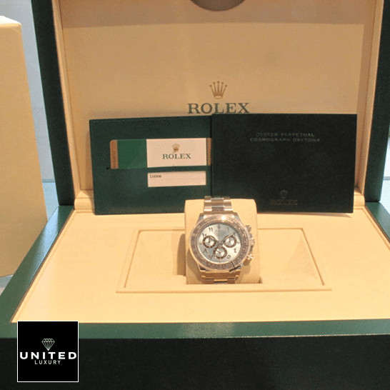 Rolex Daytona Platinum Ice-Blue Arabic Dial 116506-0001 Oyster Replica 5 Rolex Daytona Platinum Ice-Blue Dial 116506-0001 Replica & Guarantee Card in the Rolex Box