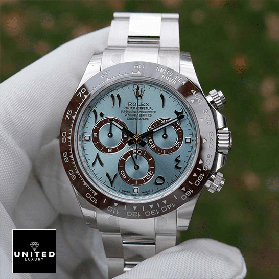 Rolex Daytona Platinum Ice-Blue Arabic Dial 116506-0001 Oyster Replica 1 Rolex Daytona Platinum Ice-Blue Dial 116506-0001 Replica on his hand