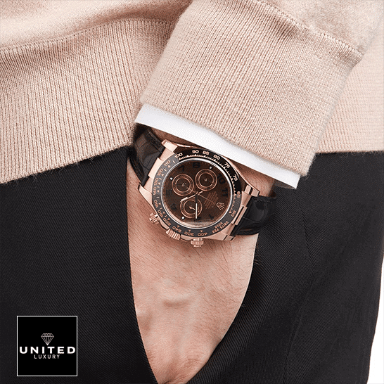 Rolex Daytona 40MM Replica 4 Rolex Daytona Cosmograph 116515LNBR Rose Gold Black Leather Bracelet Replica