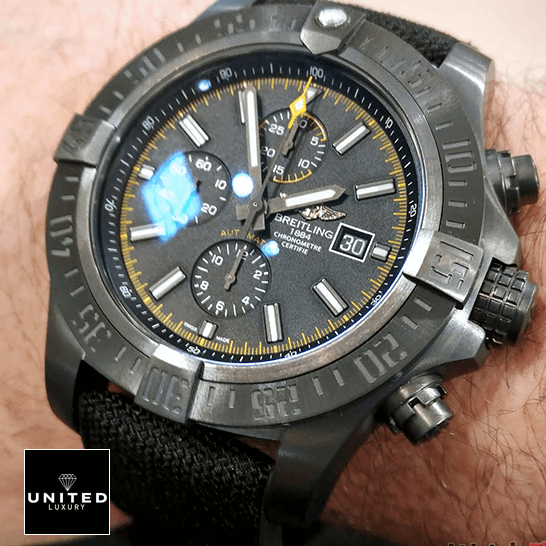 Breitling Super Avenger II Black Steel M133711A/BF30 Replica 1 breitling Super Avener M133711ABF30 Black Dial Replica on the man wirst