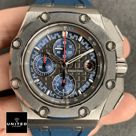 AP Schumacher Replica 1 Audemars Piguet Royal Oak Black Dial Blue Rubber Bracelet Replica front view