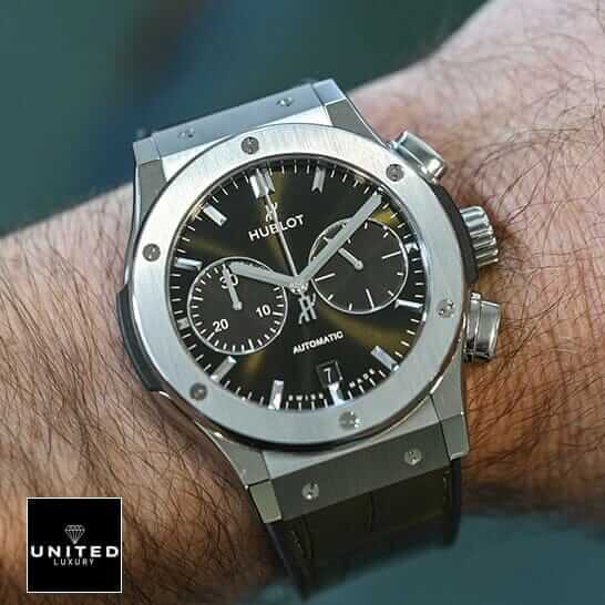 Hublot Racing Grey Replica 4 Hublot Classic Fusion Black Dial Steel Bezel Replica on the man wrist
