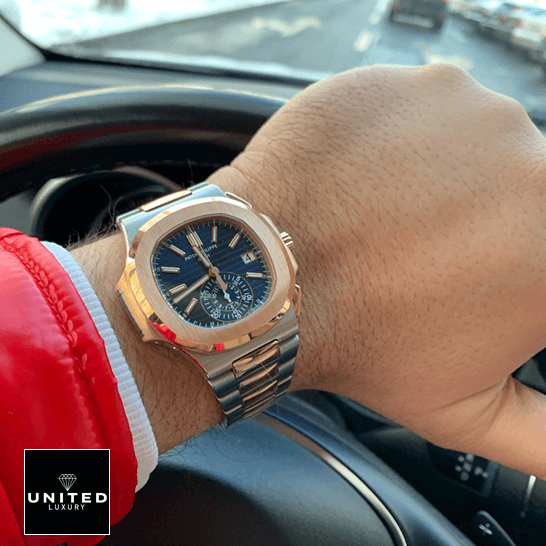 Patek Philippe Rose Gold 5980/1AR Replica 1 Patek Philippe Nautilus Blue Dial Steel Bracelet Replica on the wrist in car