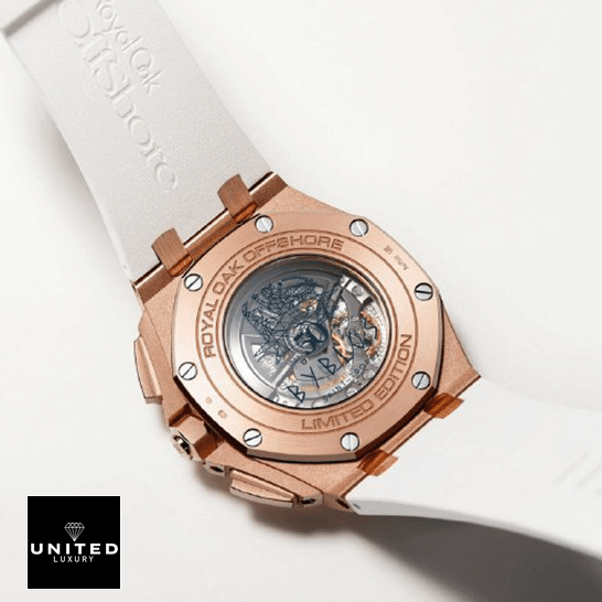 Audemars Piguet Royal Oak Offshore 26408OR.OO.A010CA.01 Replica 1 Audemars Piguet Gold Case White Rubber Bracelet Replica upside view